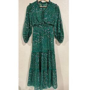 Three Floor Hansen Green Floral Pink Flower Ruffle Tiered Long Sleeve Maxi Dress